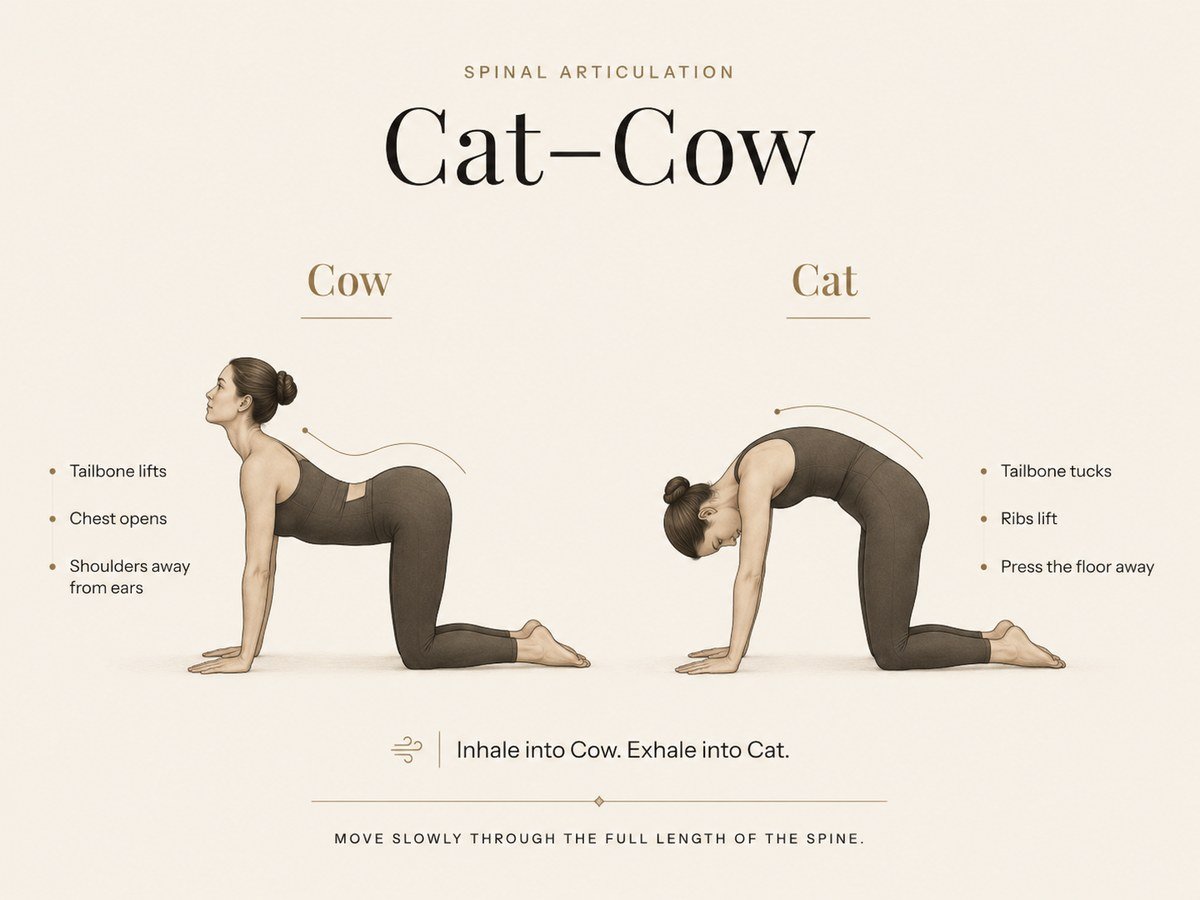 Cat-Cow movement guide: inhale into Cow, exhale into Cat, moving slowly through the full length of the spine