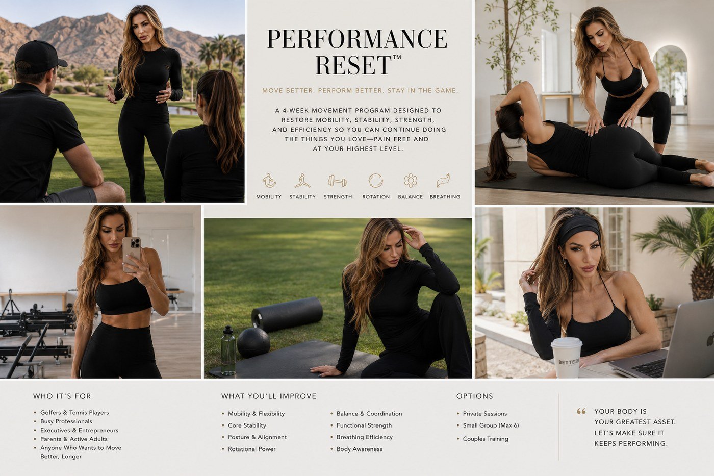 Performance Reset overview: a four-week movement program that restores mobility, stability, strength, rotation, balance, and breathing